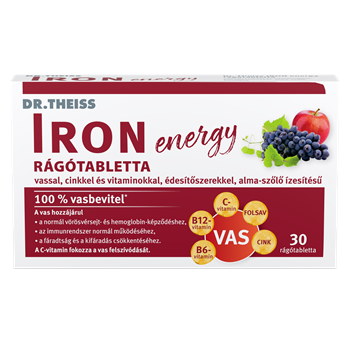 Dr.Theiss iron energy rágótabletta vassal, cinkkel és vitaminokkal alma-szőlő ízben 30 db